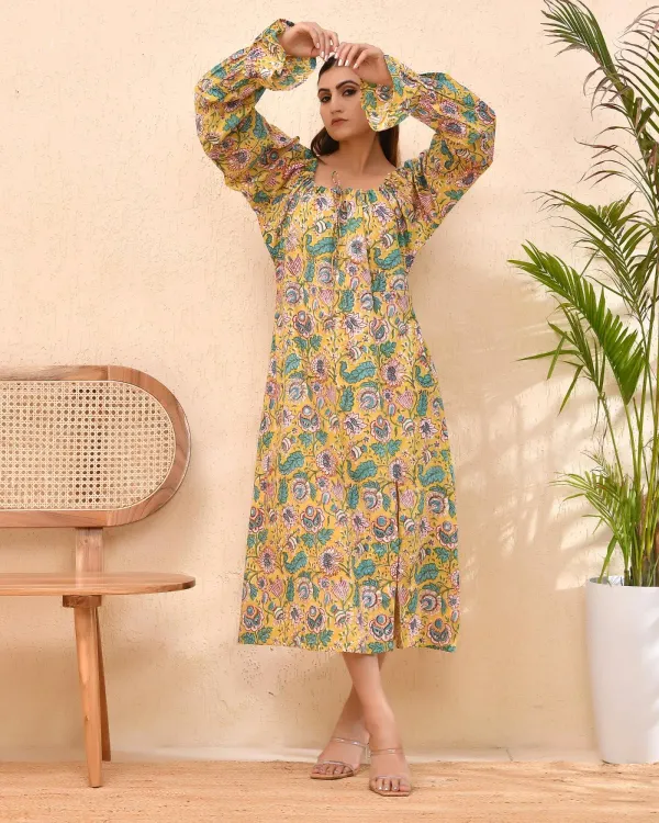 Yellow_Cotton_Puff_Sleeve_Block_Print_Floral_Dress_For_Women