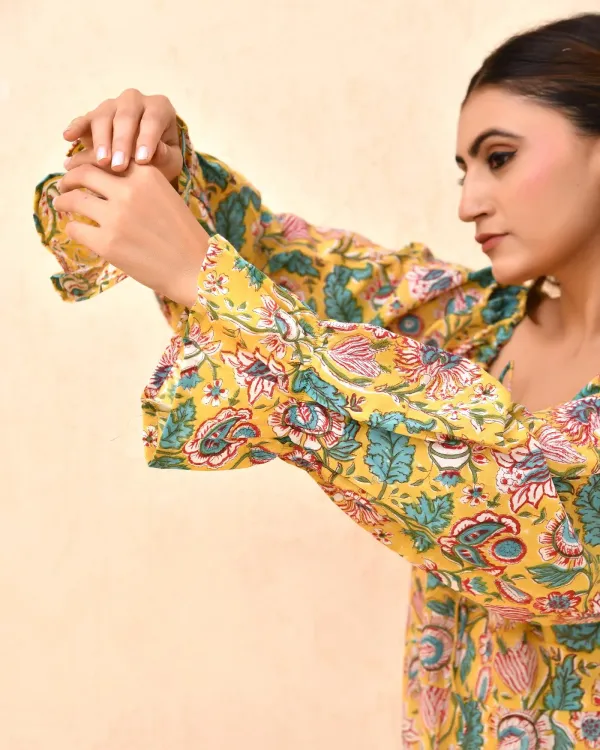 Yellow_Cotton_Puff_Sleeve_Block_Print_Floral_Dress_For_Women