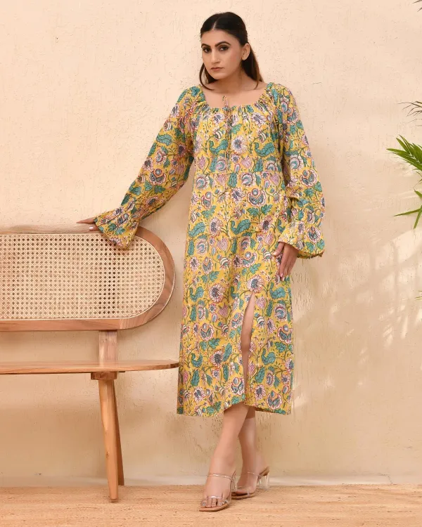 Yellow_Cotton_Puff_Sleeve_Block_Print_Floral_Dress_For_Women