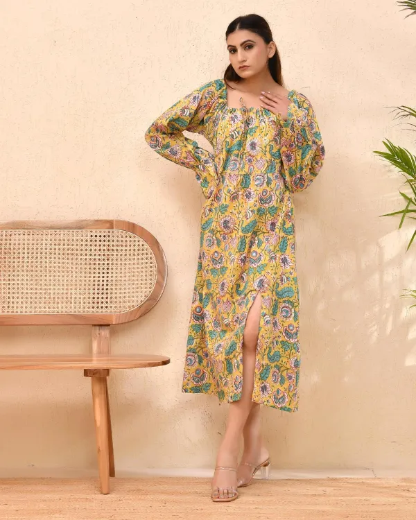 Yellow_Cotton_Puff_Sleeve_Block_Print_Floral_Dress_For_Women