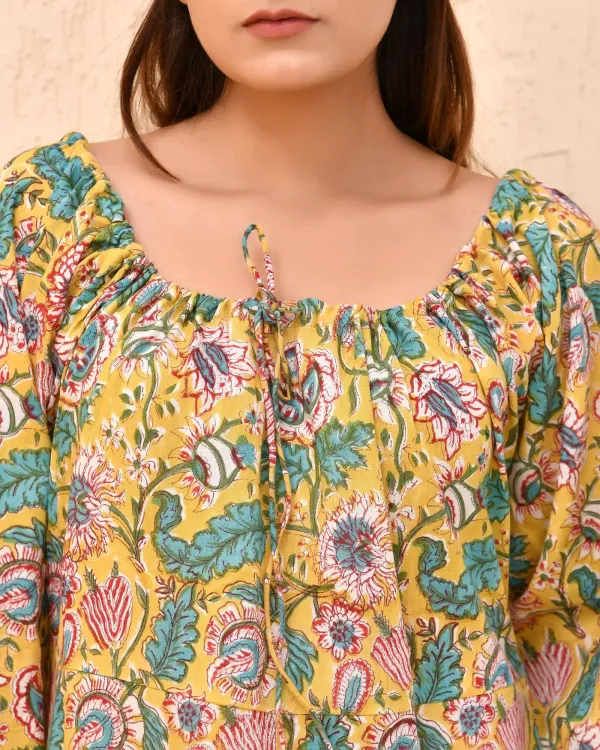 Yellow_Cotton_Puff_Sleeve_Block_Print_Floral_Dress_For_Women