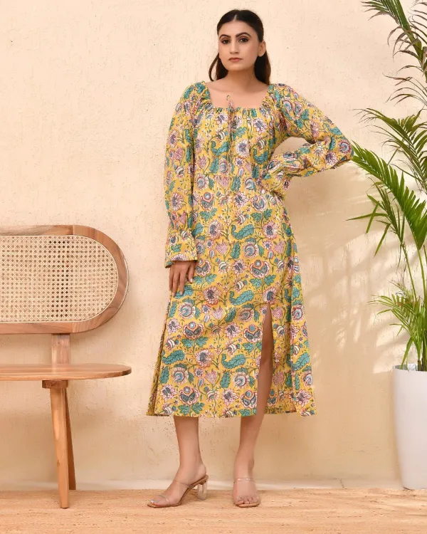 Yellow_Cotton_Puff_Sleeve_Block_Print_Floral_Dress_For_Women