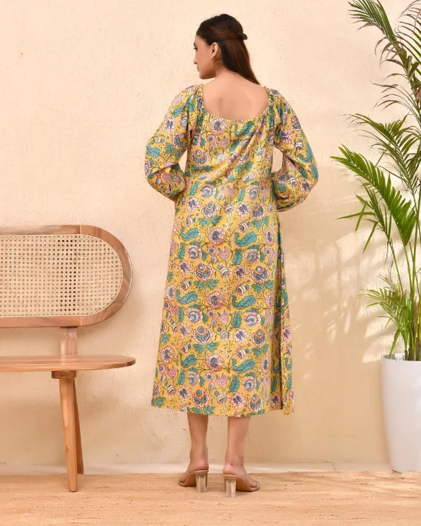 Yellow_Cotton_Puff_Sleeve_Block_Print_Floral_Dress_For_Women