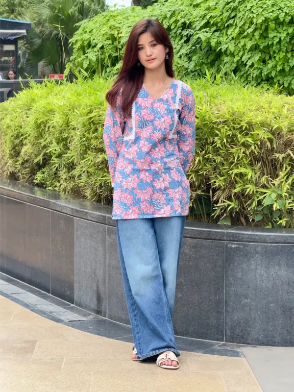 Blue_Pink_Cotton_Straight_Hand_Block_Print_Short_Kurta_For_Women