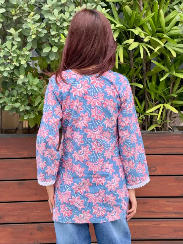 Blue_Pink_Cotton_Straight_Hand_Block_Print_Short_Kurta_For_Women