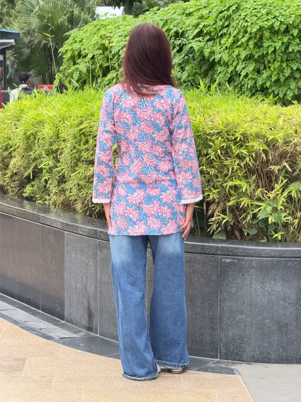Blue_Pink_Cotton_Straight_Hand_Block_Print_Short_Kurta_For_Women