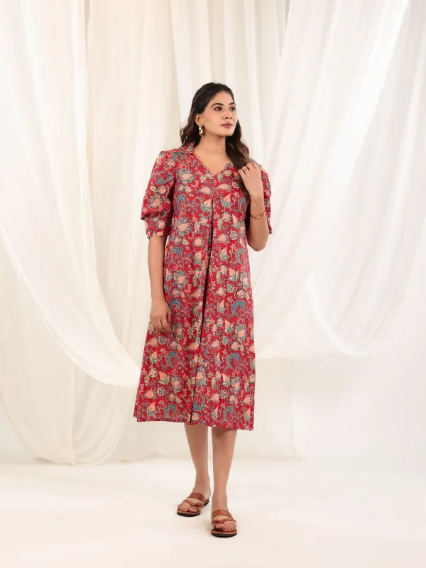 Red_Cotton_Gathered_Floral_Block_Print_Midi_Dress_For_Women