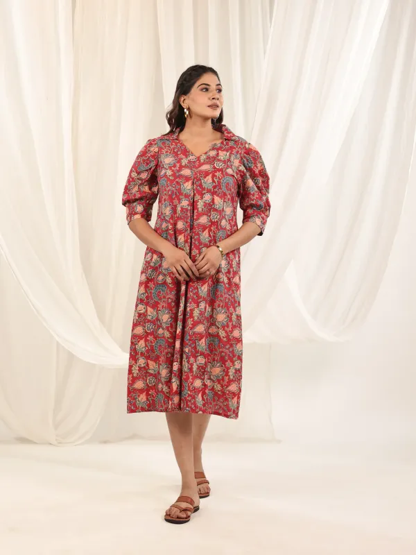 Red_Cotton_Gathered_Floral_Block_Print_Midi_Dress_For_Women