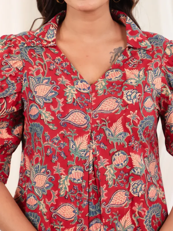 Red_Cotton_Gathered_Floral_Block_Print_Midi_Dress_For_Women