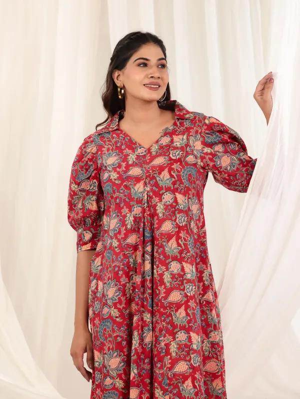 Red_Cotton_Gathered_Floral_Block_Print_Midi_Dress_For_Women