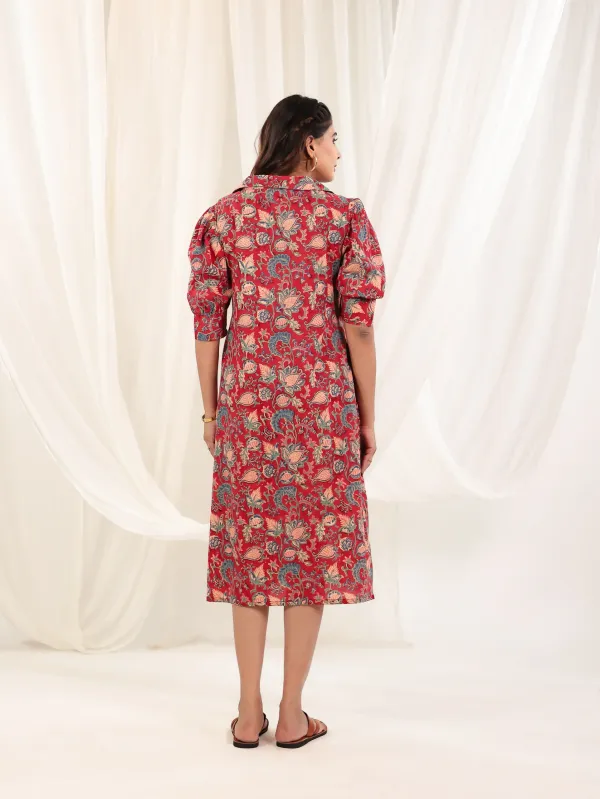 Red_Cotton_Gathered_Floral_Block_Print_Midi_Dress_For_Women