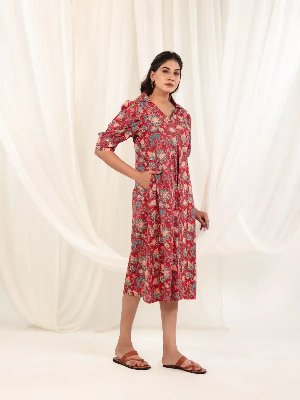 Red_Cotton_Gathered_Floral_Block_Print_Midi_Dress_For_Women