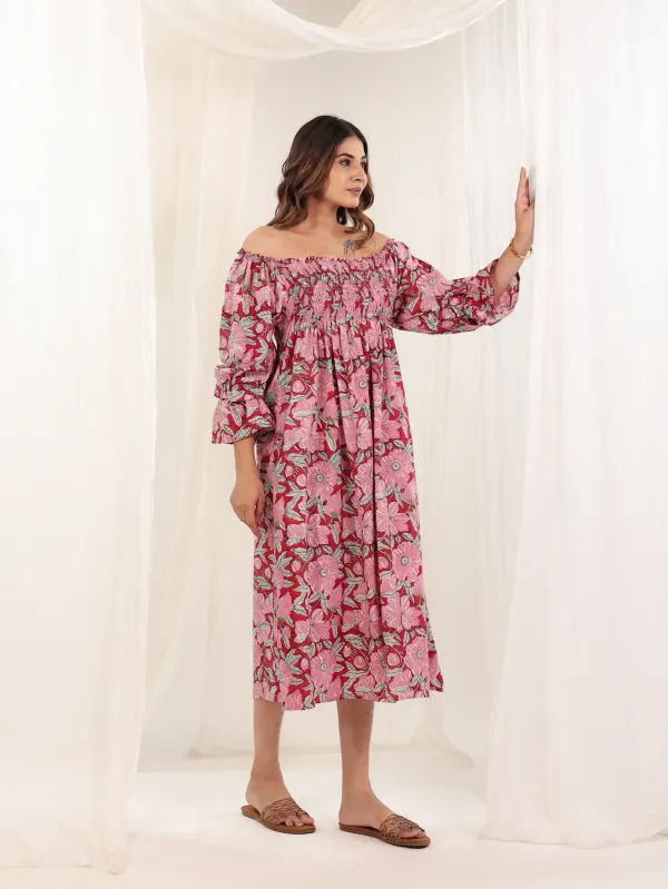 Red_Cotton_Off_Shoulder_Hand_Block_Print_Dress_For_Women