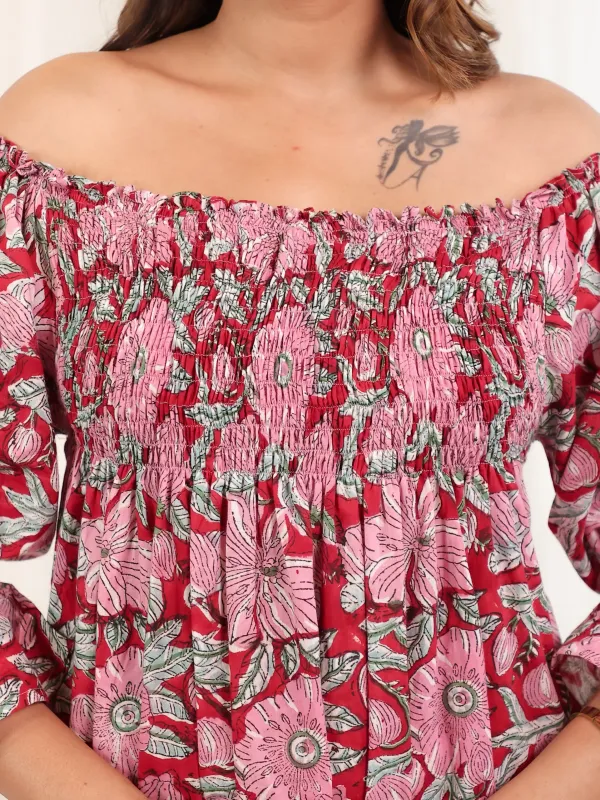 Red_Cotton_Off_Shoulder_Hand_Block_Print_Dress_For_Women