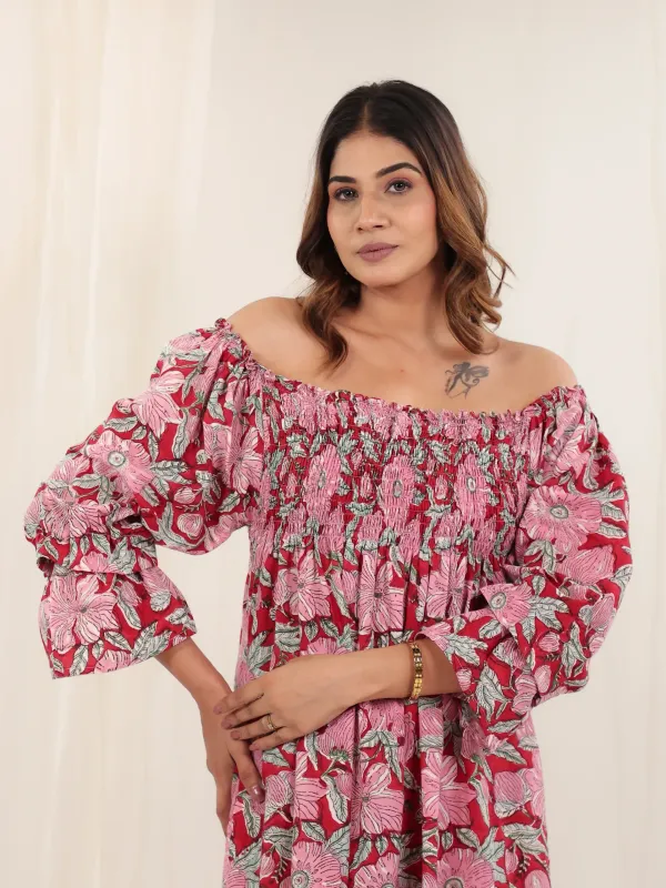 Red_Cotton_Off_Shoulder_Hand_Block_Print_Dress_For_Women