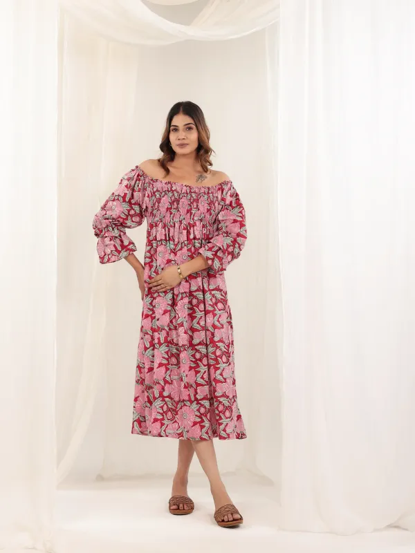 Red_Cotton_Off_Shoulder_Hand_Block_Print_Dress_For_Women