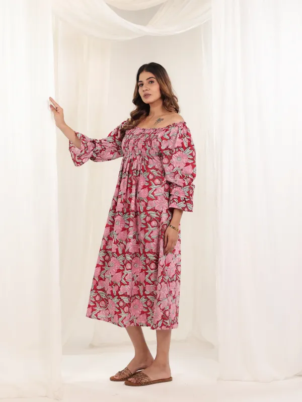 Red_Cotton_Off_Shoulder_Hand_Block_Print_Dress_For_Women