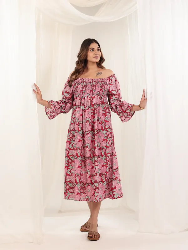 Red_Cotton_Off_Shoulder_Hand_Block_Print_Dress_For_Women