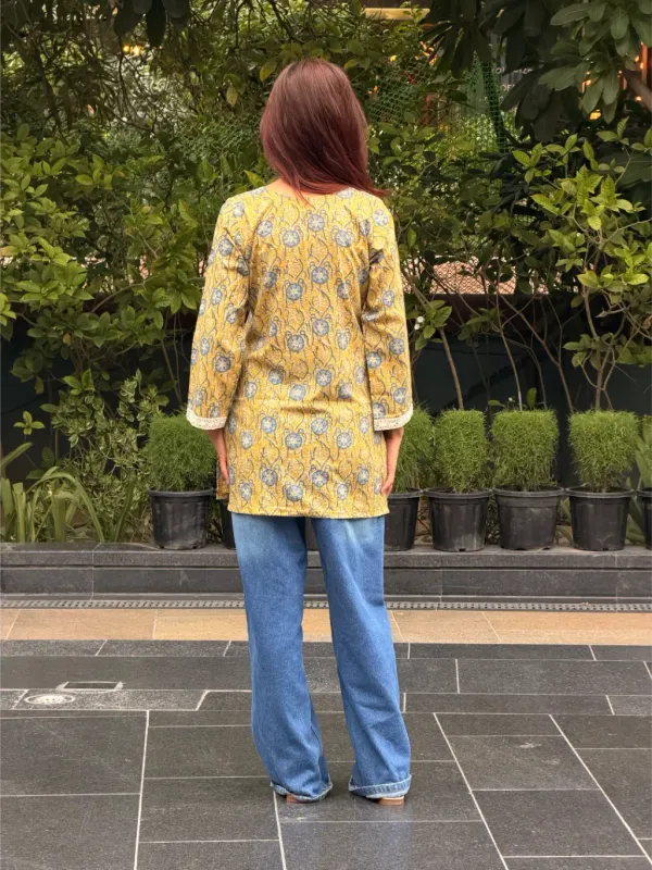 Mustard_Blue_Cotton_Straight_Hand_Block_Print_Short_Kurta_For_Women