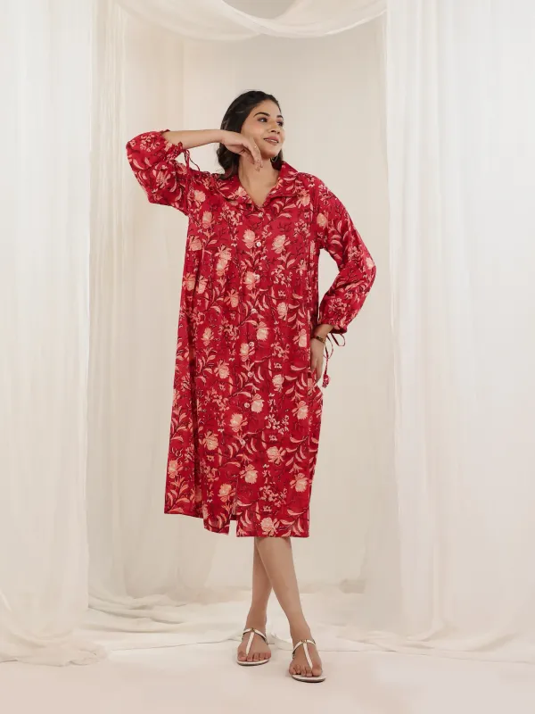 Red_Cotton_Belted_Floral_Block_Print_Shirt_Dress_For_Women