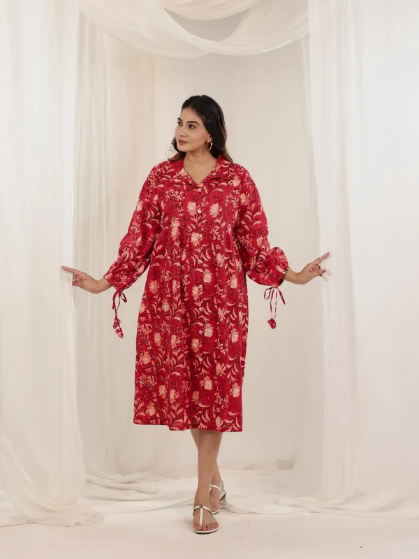 Red_Cotton_Belted_Floral_Block_Print_Shirt_Dress_For_Women