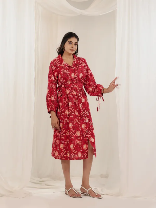 Red_Cotton_Belted_Floral_Block_Print_Shirt_Dress_For_Women