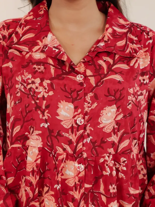 Red_Cotton_Belted_Floral_Block_Print_Shirt_Dress_For_Women