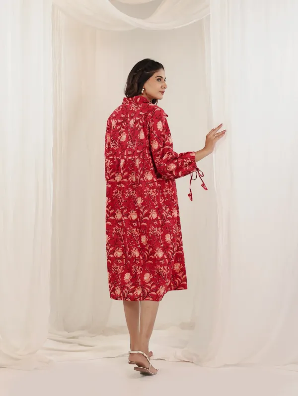 Red_Cotton_Belted_Floral_Block_Print_Shirt_Dress_For_Women