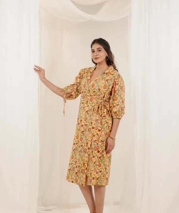 Yellow_Cotton_Wrap_Block_Print_Floral_Midi_Dress_For_Women