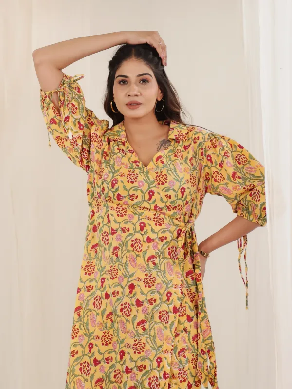 Yellow_Cotton_Wrap_Block_Print_Floral_Midi_Dress_For_Women