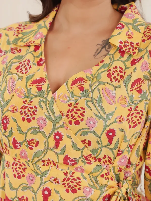Yellow_Cotton_Wrap_Block_Print_Floral_Midi_Dress_For_Women