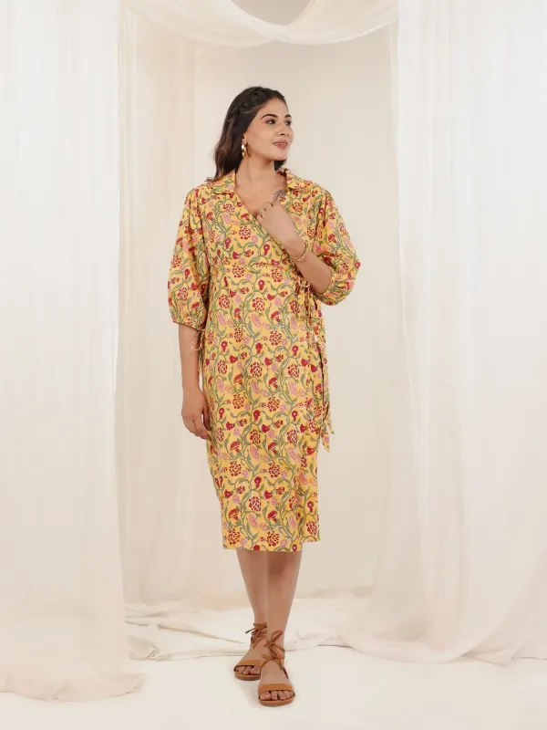 Yellow_Cotton_Wrap_Block_Print_Floral_Midi_Dress_For_Women