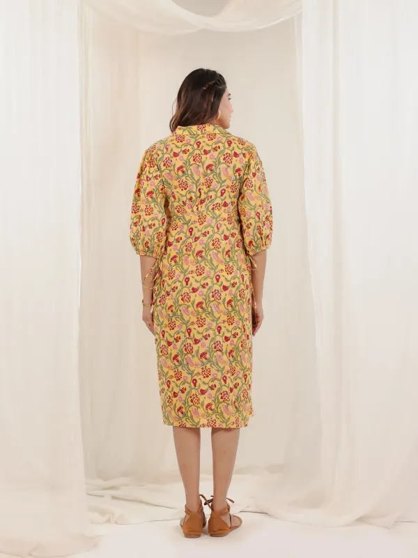 Yellow_Cotton_Wrap_Block_Print_Floral_Midi_Dress_For_Women