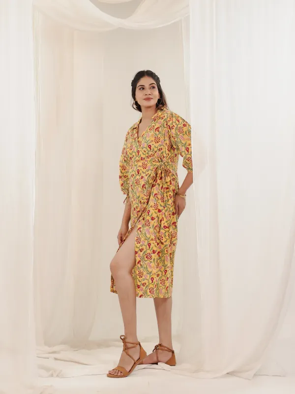 Yellow_Cotton_Wrap_Block_Print_Floral_Midi_Dress_For_Women