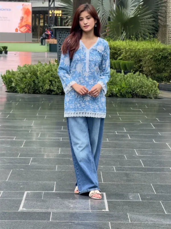 Sky_Blue_Cotton_Relaxed_Hand_Block_Print_Short_Kurta_For_Women