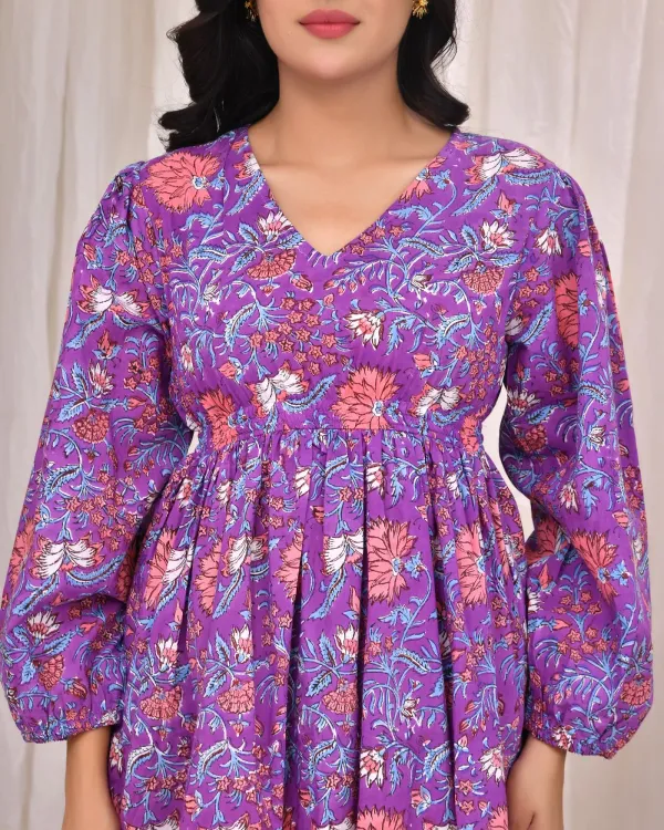 Purple_Muslin_Empire_Waist_Block_Print_Mini_Dress_For_Women