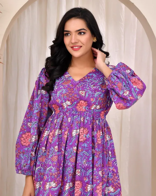 Purple_Muslin_Empire_Waist_Block_Print_Mini_Dress_For_Women