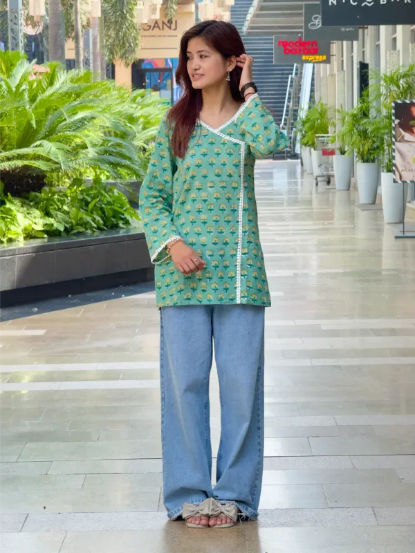 Sage_Green_Cotton_Angrakha_Hand_Block_Print_Short_Kurta_For_Women