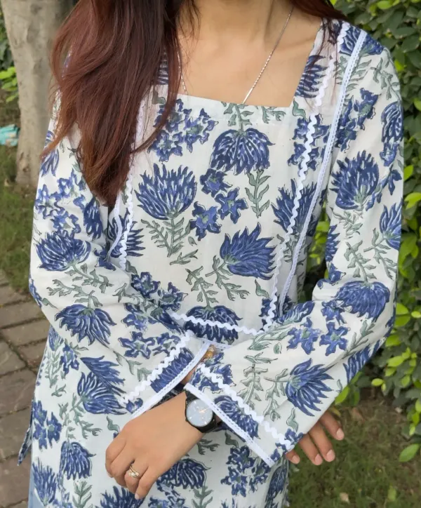White_Blue_Cotton_Straight_Hand_Block_Print_Short_Kurta_For_Women