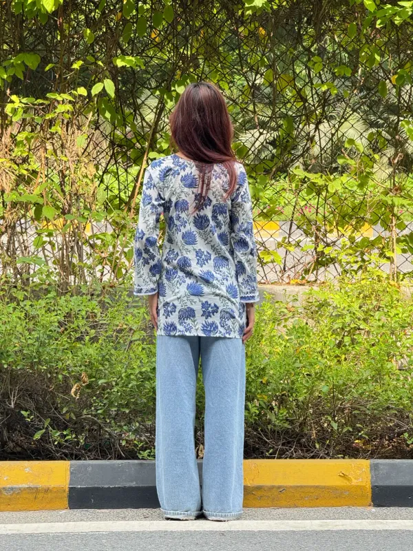 White_Blue_Cotton_Straight_Hand_Block_Print_Short_Kurta_For_Women