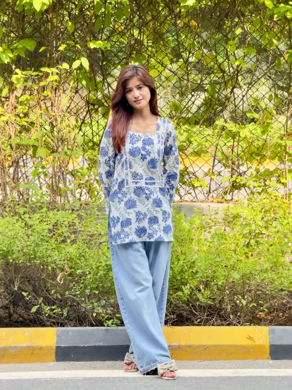 White_Blue_Cotton_Straight_Hand_Block_Print_Short_Kurta_For_Women