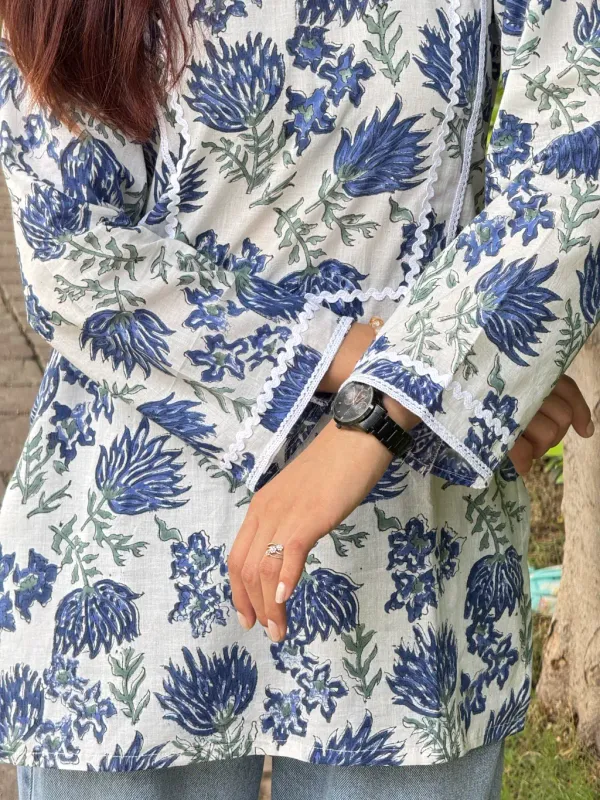 White_Blue_Cotton_Straight_Hand_Block_Print_Short_Kurta_For_Women