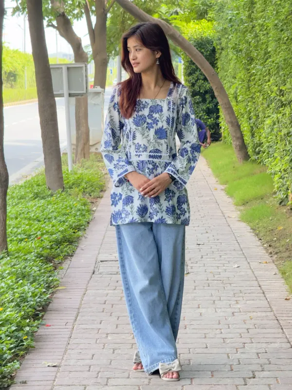 White_Blue_Cotton_Straight_Hand_Block_Print_Short_Kurta_For_Women