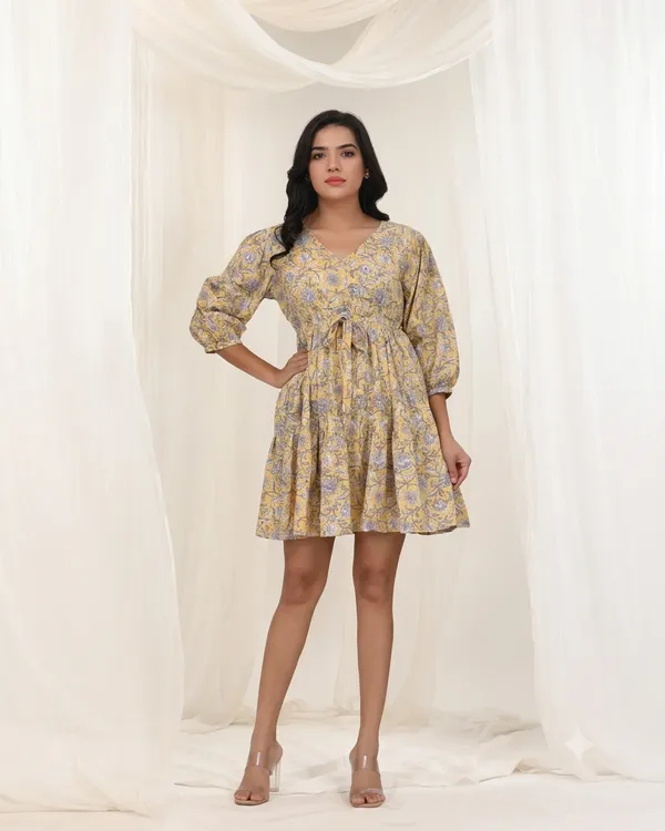 Yellow_Muslin_Floral_Block_Print_Flared_Mini_Dress_For_Women