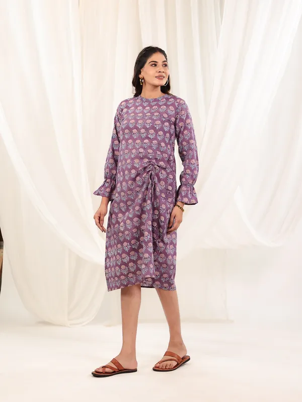 Lavender_Twist_Cotton_Block_Print_Midi_Dress_For_Women