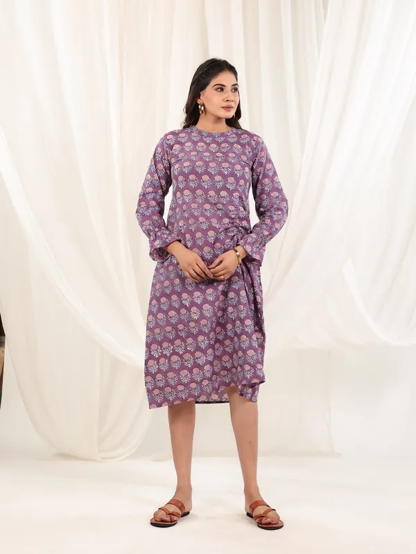Lavender_Twist_Cotton_Block_Print_Midi_Dress_For_Women