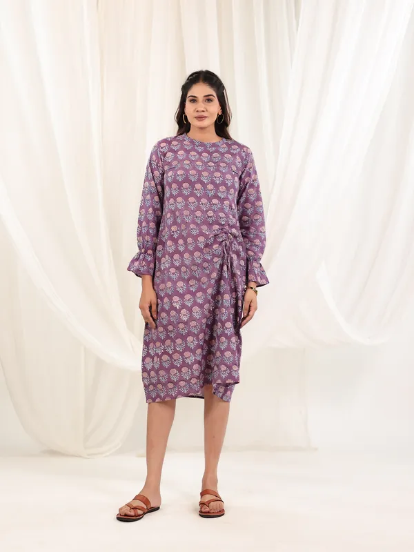 Lavender_Twist_Cotton_Block_Print_Midi_Dress_For_Women