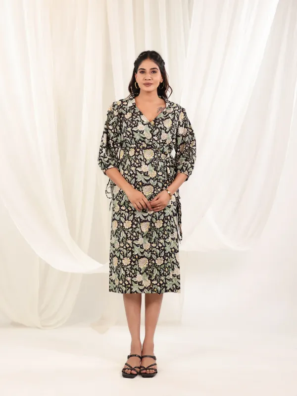 Black_Cotton_Wrap_Block_Print_Floral_Dress_For_Women