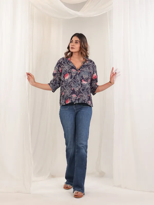 Navy_Blue_Cotton_linen_Paisley_Print_Shirt_Top_For_Women