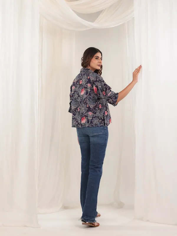 Navy_Blue_Cotton_linen_Paisley_Print_Shirt_Top_For_Women